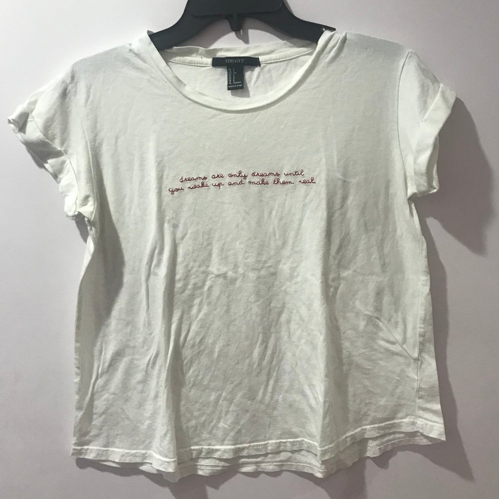 White T Shirt w Embroidered Text